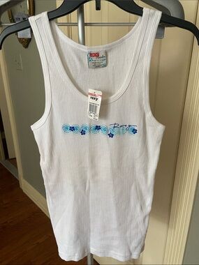 Roxy White Ribbed Tank with Blue Wave Floral Graphic Size Large